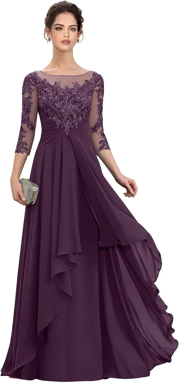 Women‘s Long Lace Mother of The Bride Dresses for Wedding 3/4 Sleeve Chiffon Formal Evening Dress
