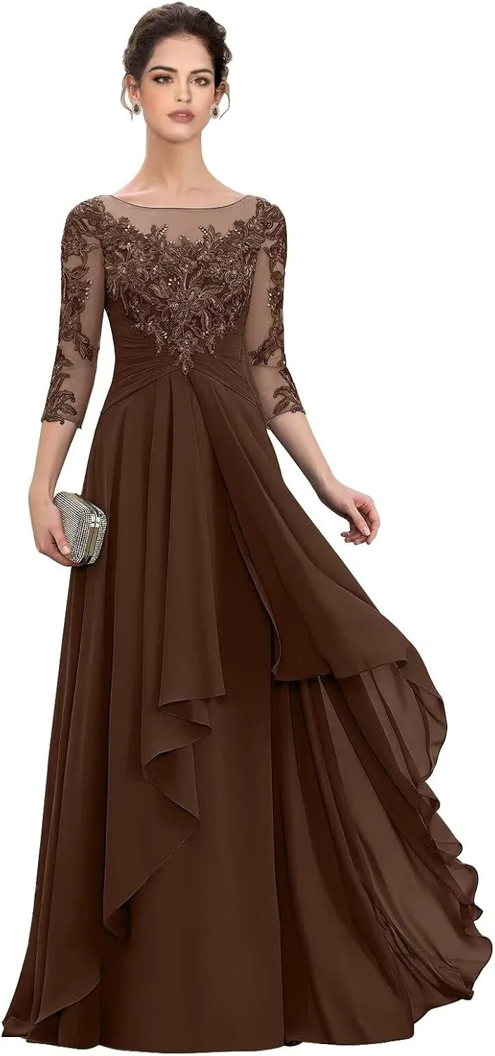 Women‘s Long Lace Mother of The Bride Dresses for Wedding 3/4 Sleeve Chiffon Formal Evening Dress