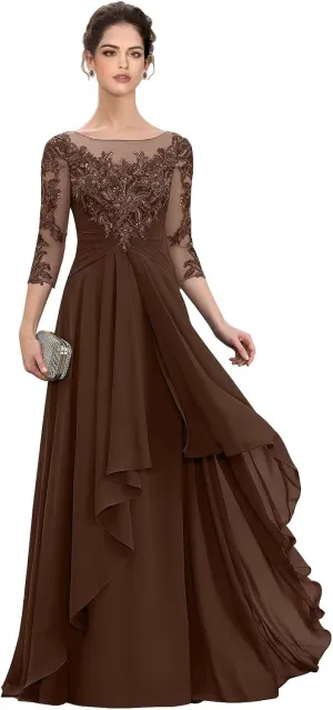 Women‘s Long Lace Mother of The Bride Dresses for Wedding 3/4 Sleeve Chiffon Formal Evening Dress
