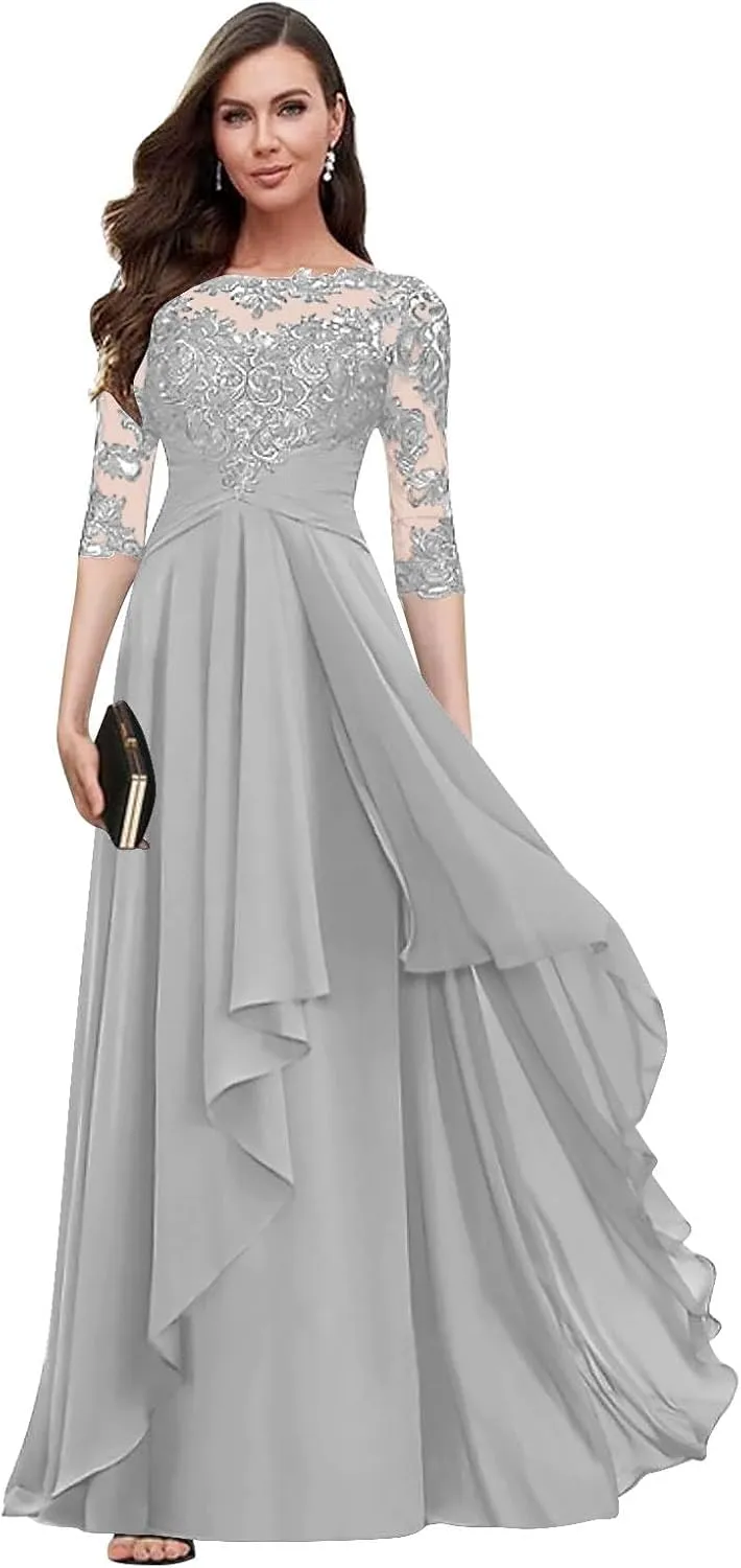 Women's Long Sleeves Mother of The Bride Dresses for Wedding Lace Applique Ruffled Chiffon Formal Evening Gowns