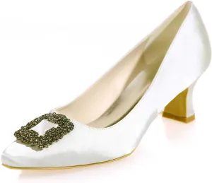 Womens Low Mid Square Heel Rhinstone Pointed Toe Satin Wedding Sandal Bridal Office Ladies Dress Pumps Shoes