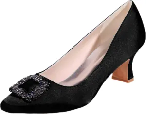 Womens Low Mid Square Heel Rhinstone Pointed Toe Satin Wedding Sandal Bridal Office Ladies Dress Pumps Shoes
