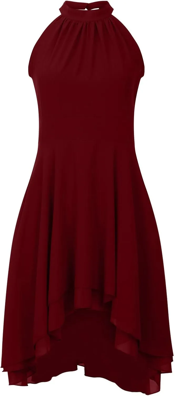 Women's Midi Skirts Elegant Ruffle Sleeveless Chiffon Dresses Irregular Cut A-Line Double Layer Business Guest Dress