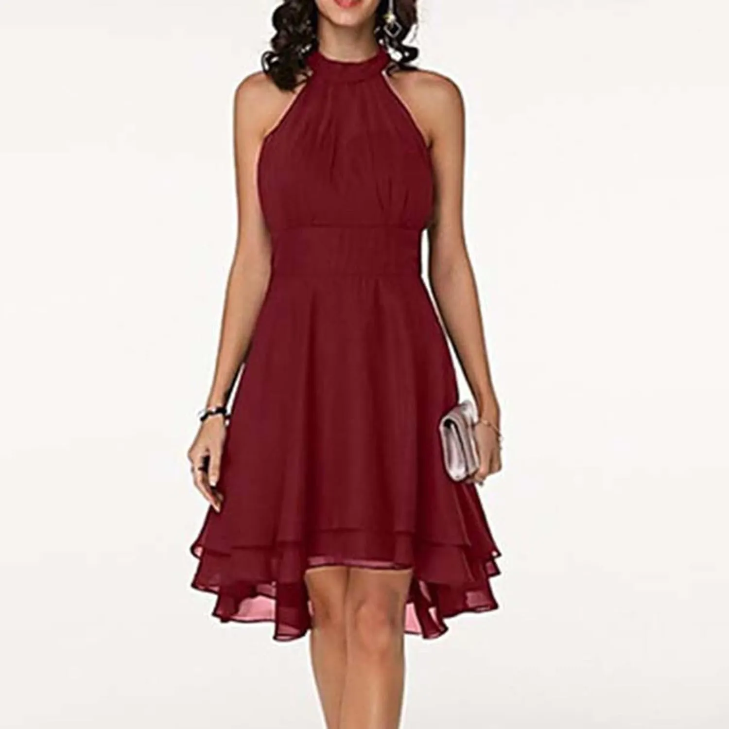 Women's Midi Skirts Elegant Ruffle Sleeveless Chiffon Dresses Irregular Cut A-Line Double Layer Business Guest Dress