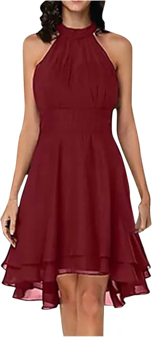 Women's Midi Skirts Elegant Ruffle Sleeveless Chiffon Dresses Irregular Cut A-Line Double Layer Business Guest Dress