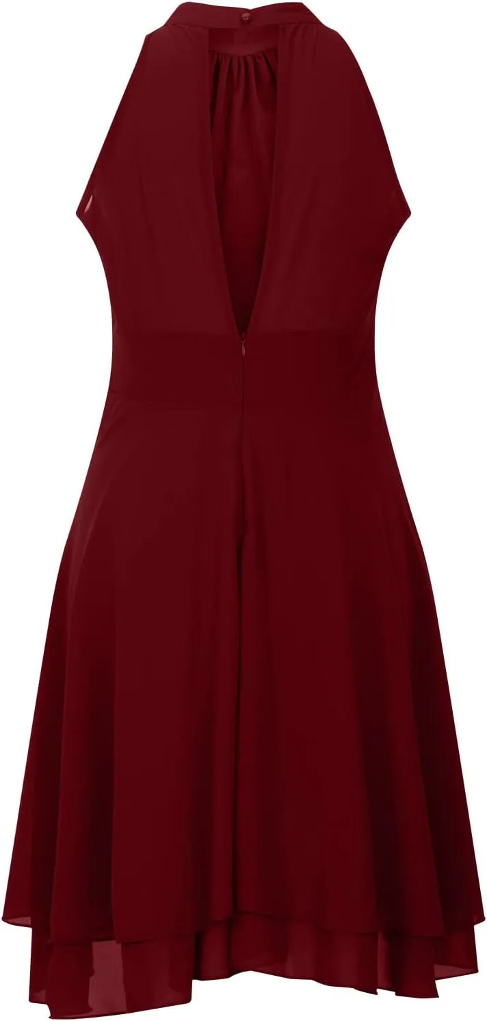 Women's Midi Skirts Elegant Ruffle Sleeveless Chiffon Dresses Irregular Cut A-Line Double Layer Business Guest Dress
