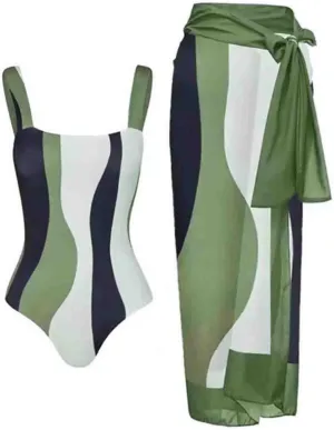 Women's One Piece Swimsuit with Matching Cover Ups Wrap Skirt Sarong Retro Floral Print Two Piece Bathing Suit