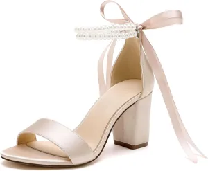 Women's Open Toe Pearl Wedding Shoes for Bride High Heels Sandals Satin Bridal Block Chunky Heels Ankle Strap Prom Evening Party Pumps
