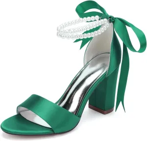 Women's Pearl Block Heel Wedding Shoes for Bride Open Toe Satin Chunky Heeled Bridal Sandals for Women