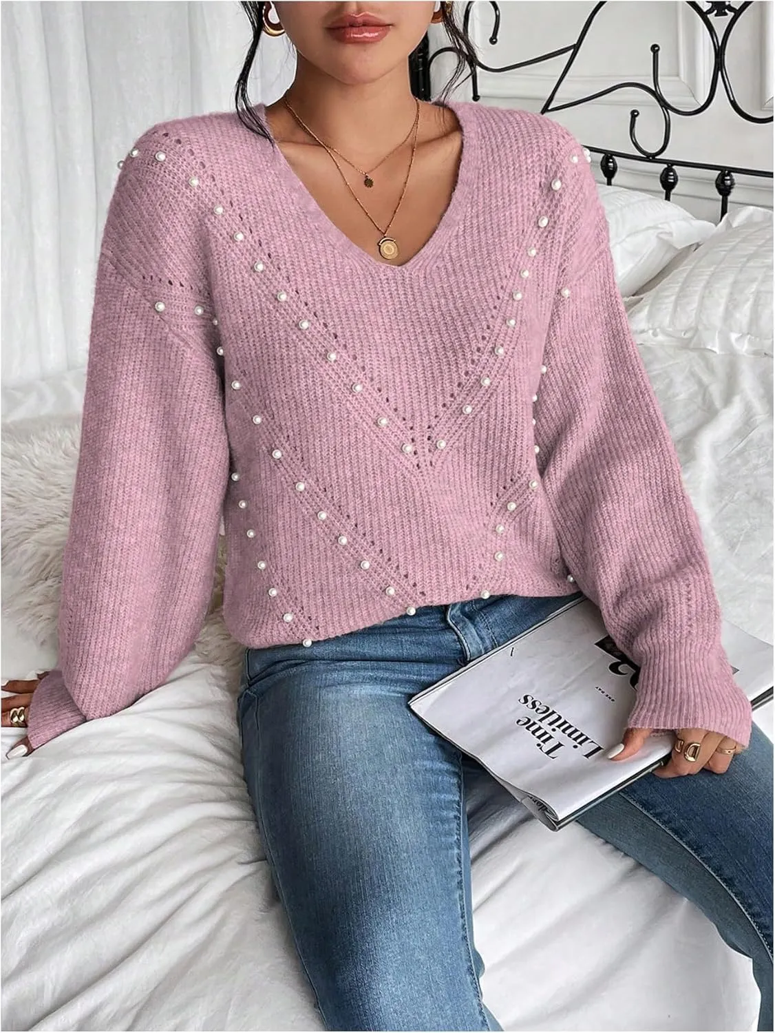 Women's Pearls Beaded Pullovers V Neck Drop Shoulder Loose Sweater Top