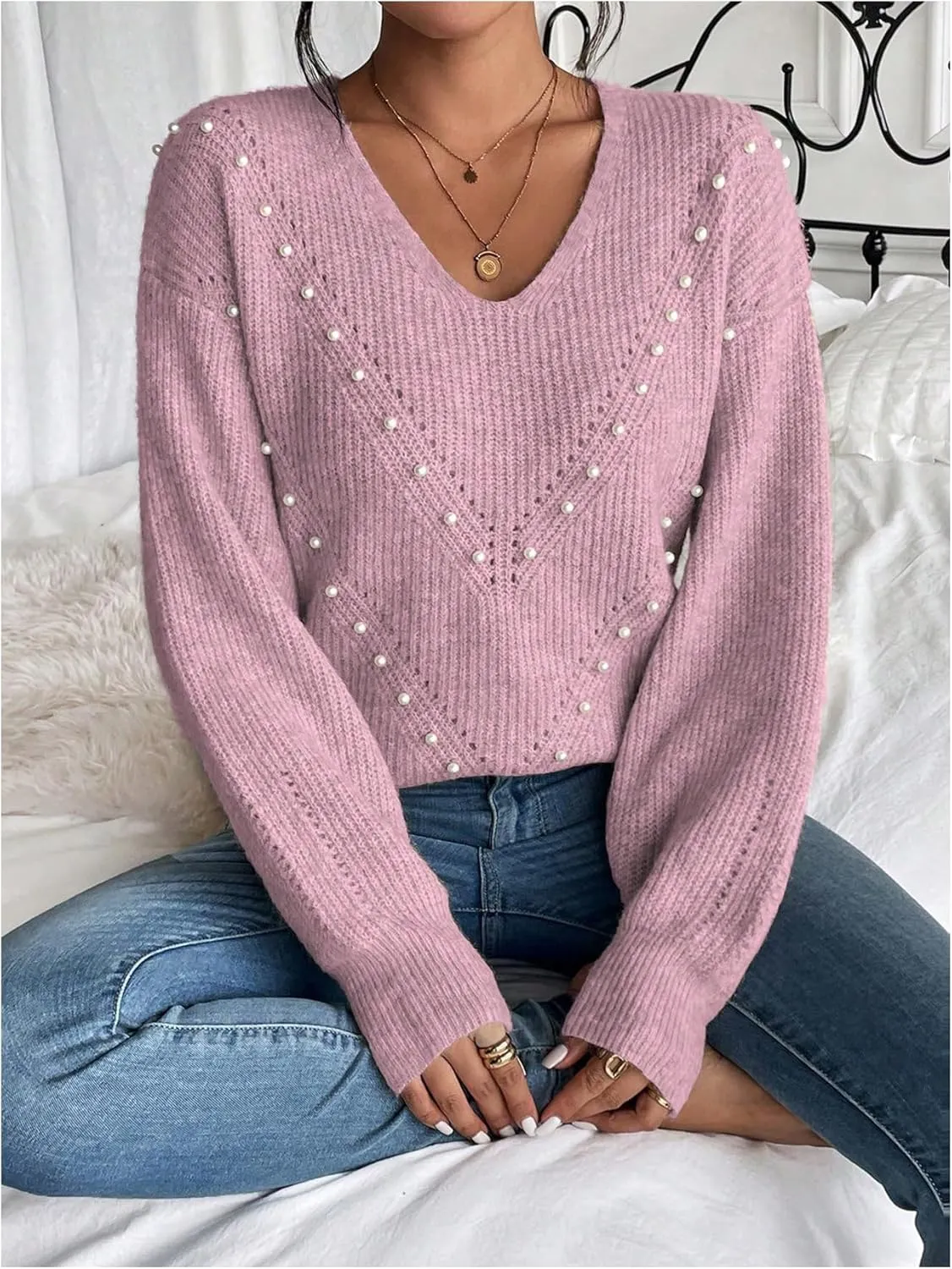 Women's Pearls Beaded Pullovers V Neck Drop Shoulder Loose Sweater Top