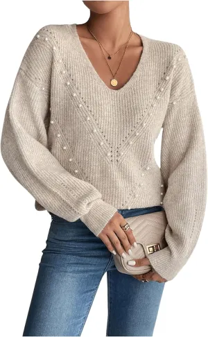 Women's Pearls Beaded Pullovers V Neck Drop Shoulder Loose Sweater Top