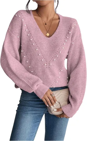 Women's Pearls Beaded Pullovers V Neck Drop Shoulder Loose Sweater Top