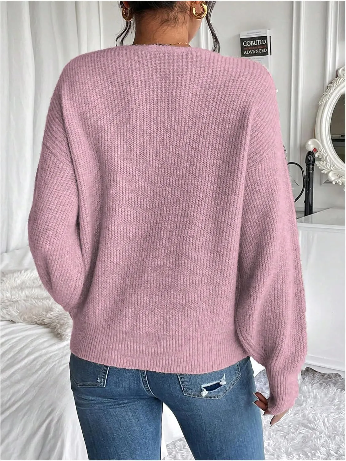 Women's Pearls Beaded Pullovers V Neck Drop Shoulder Loose Sweater Top