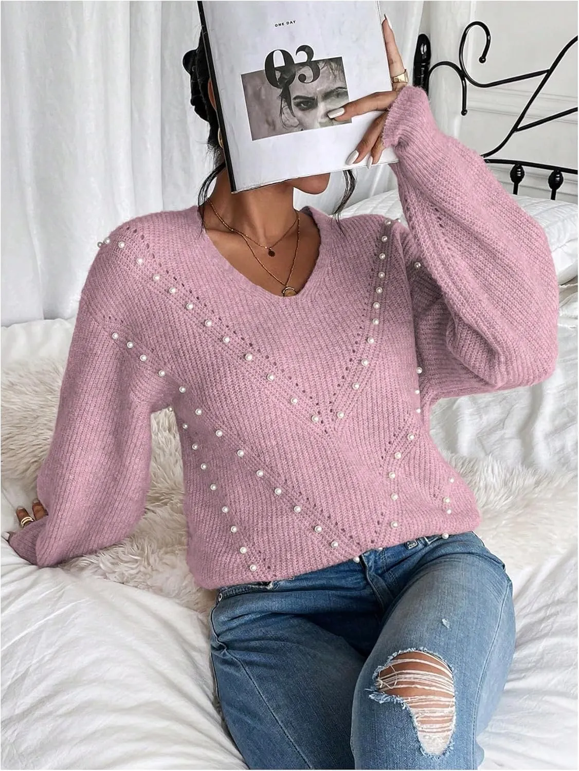 Women's Pearls Beaded Pullovers V Neck Drop Shoulder Loose Sweater Top