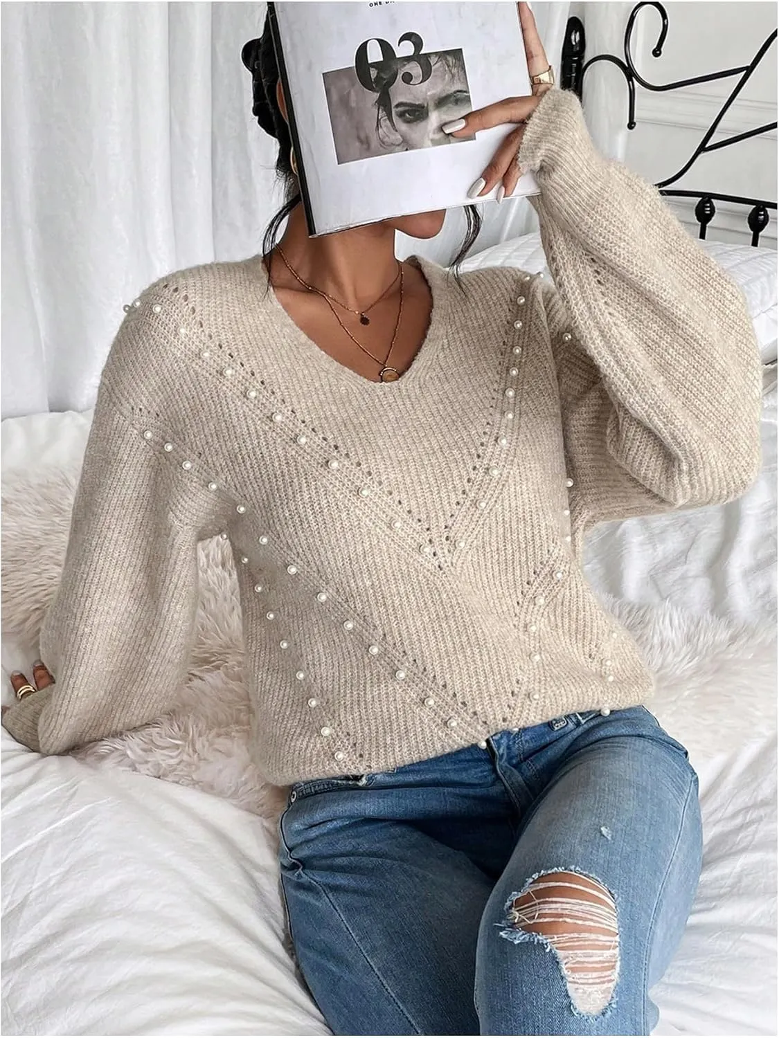 Women's Pearls Beaded Pullovers V Neck Drop Shoulder Loose Sweater Top