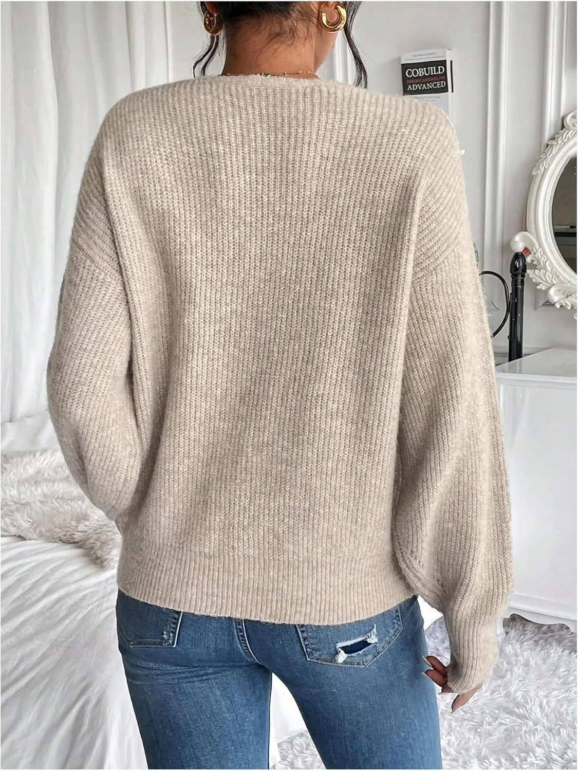 Women's Pearls Beaded Pullovers V Neck Drop Shoulder Loose Sweater Top