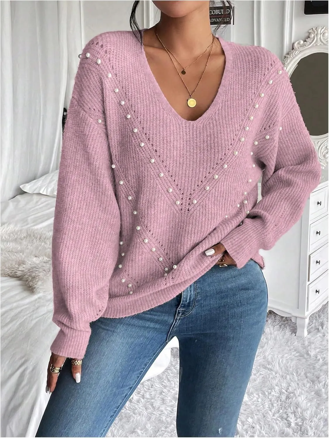 Women's Pearls Beaded Pullovers V Neck Drop Shoulder Loose Sweater Top
