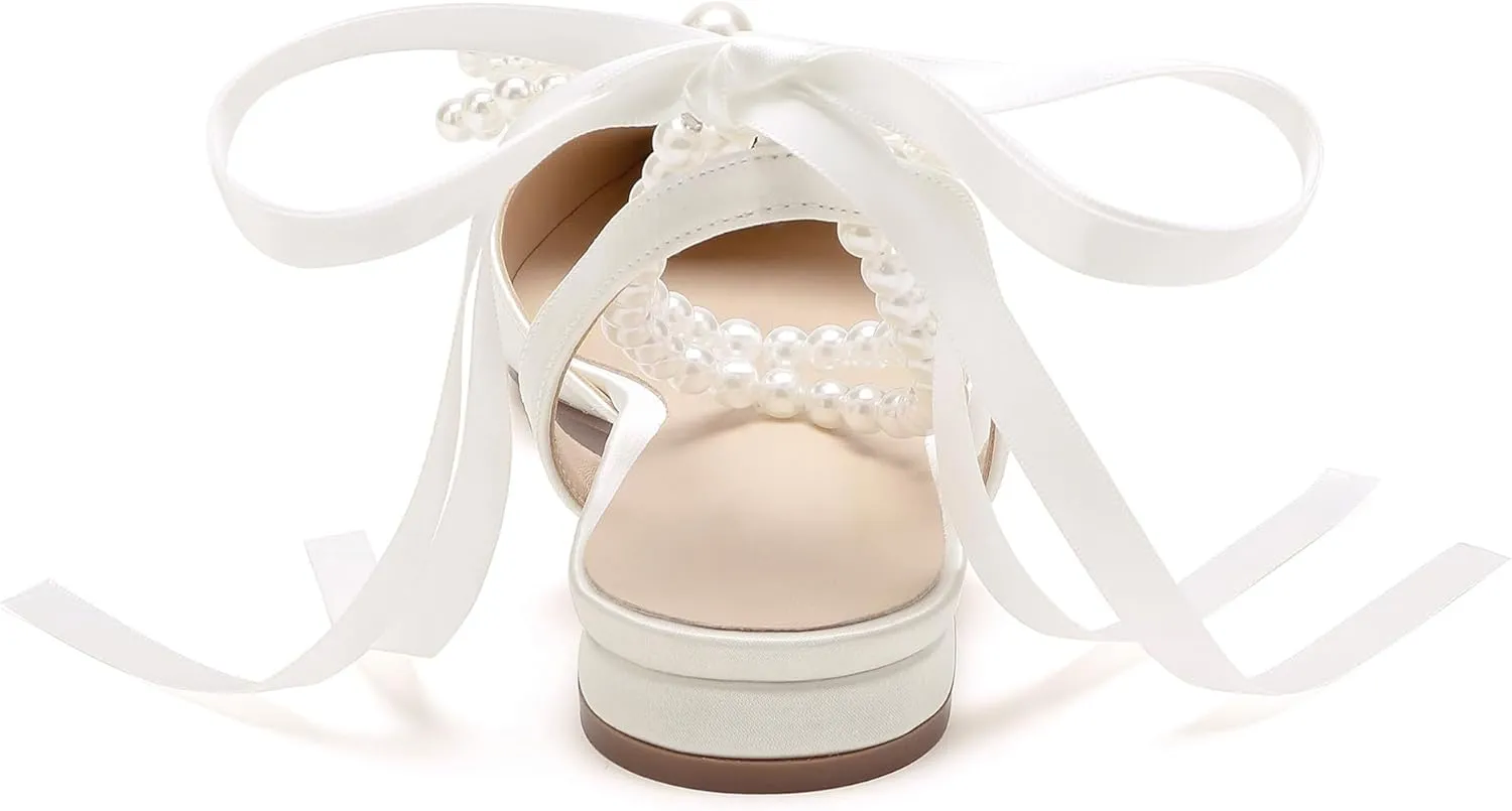 Women's Pearls Closed Toe Chunky Low Block Heel Ankle Strap Heeled Sandals Wedding Dress Shoes Pumps