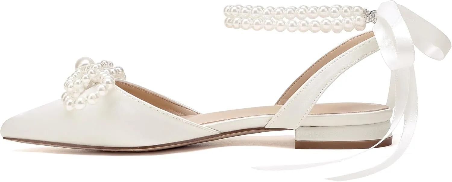 Women's Pearls Closed Toe Chunky Low Block Heel Ankle Strap Heeled Sandals Wedding Dress Shoes Pumps