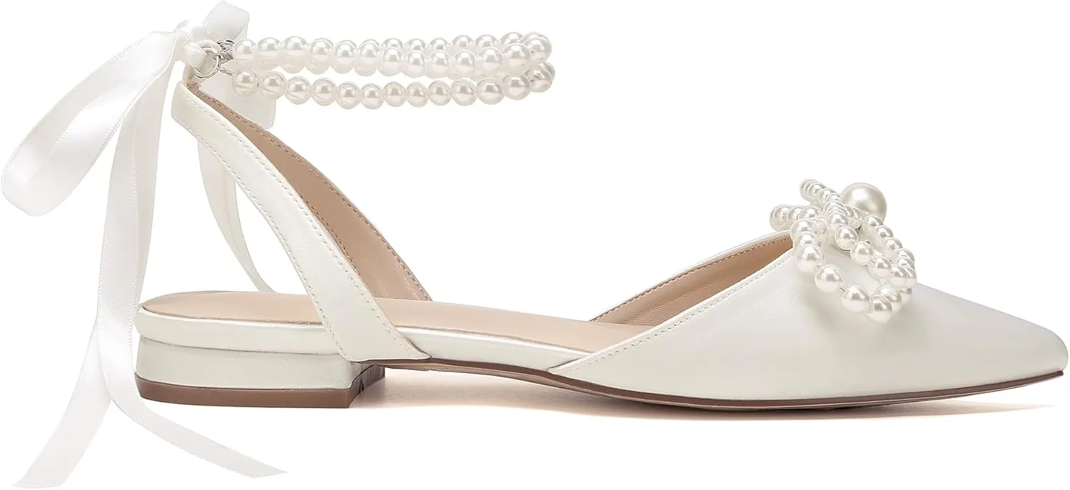 Women's Pearls Closed Toe Chunky Low Block Heel Ankle Strap Heeled Sandals Wedding Dress Shoes Pumps