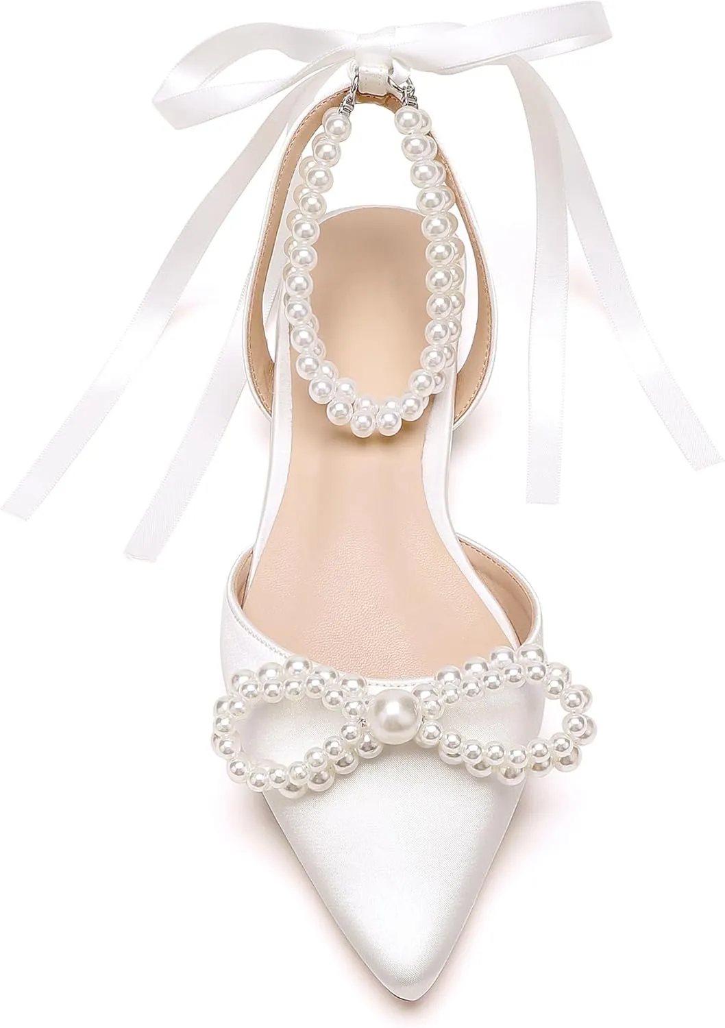 Women's Pearls Closed Toe Chunky Low Block Heel Ankle Strap Heeled Sandals Wedding Dress Shoes Pumps