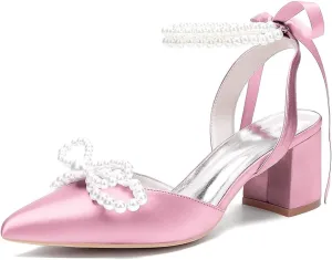 Women's Pointed Closed Toe Pearl Chunky Heels for Women Dressy Shoes Wedding Shoes for Bride Bridal Block Heels