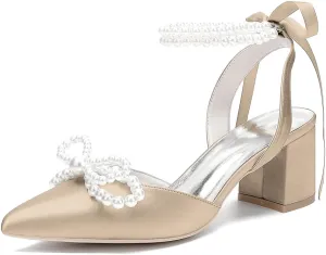 Women's Pointed Closed Toe Pearl Chunky Heels for Women Dressy Shoes Wedding Shoes for Bride Bridal Block Heels