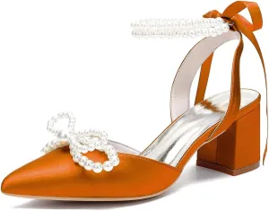 Women's Pointed Closed Toe Pearl Chunky Heels for Women Dressy Shoes Wedding Shoes for Bride Bridal Block Heels