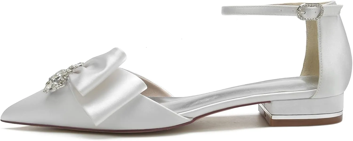 Women's Pointed Toe Crystal Wedding Flats for Bride Comfortable Satin White Wedding Shoes Low Heels Ankle Strap Bridal Flats Evening Prom Party Dress Shoes Pumps