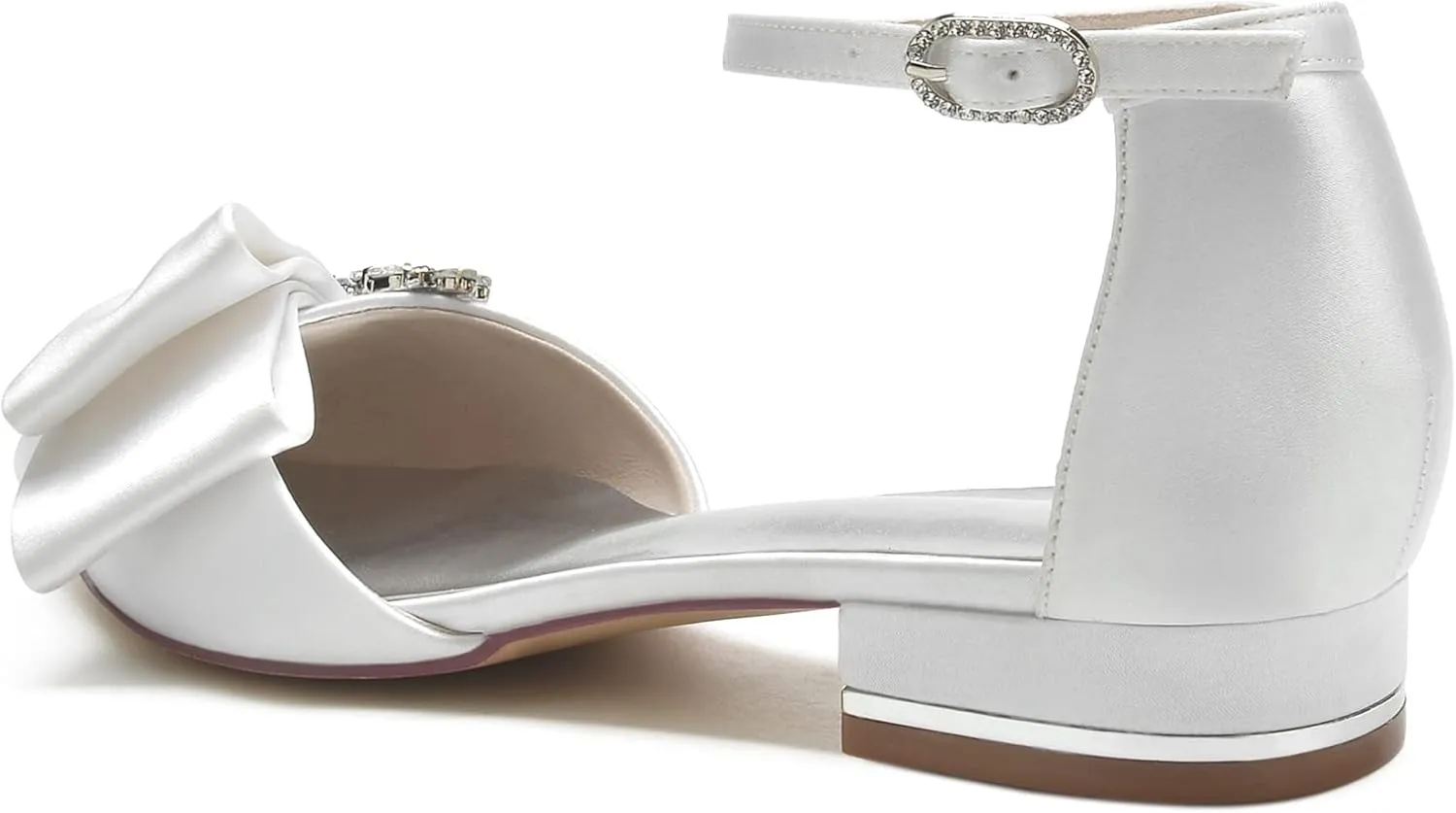 Women's Pointed Toe Crystal Wedding Flats for Bride Comfortable Satin White Wedding Shoes Low Heels Ankle Strap Bridal Flats Evening Prom Party Dress Shoes Pumps