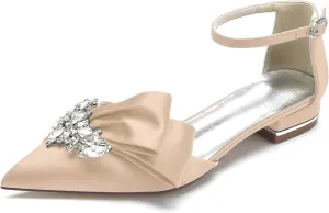 Women's Pointed Toe Crystal Wedding Flats for Bride Comfortable Satin White Wedding Shoes Low Heels Ankle Strap Bridal Flats Evening Prom Party Dress Shoes Pumps
