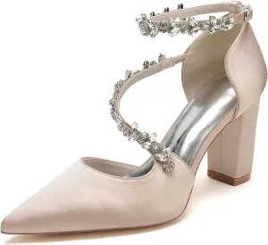 Women's Pointed Toe Satin Block Heels Wedding Shoes for Bride High Heels Rhinestones White Heels Ankle Strap Bridal Shoes Evening Party Dress Shoes Pumps 22014-102F