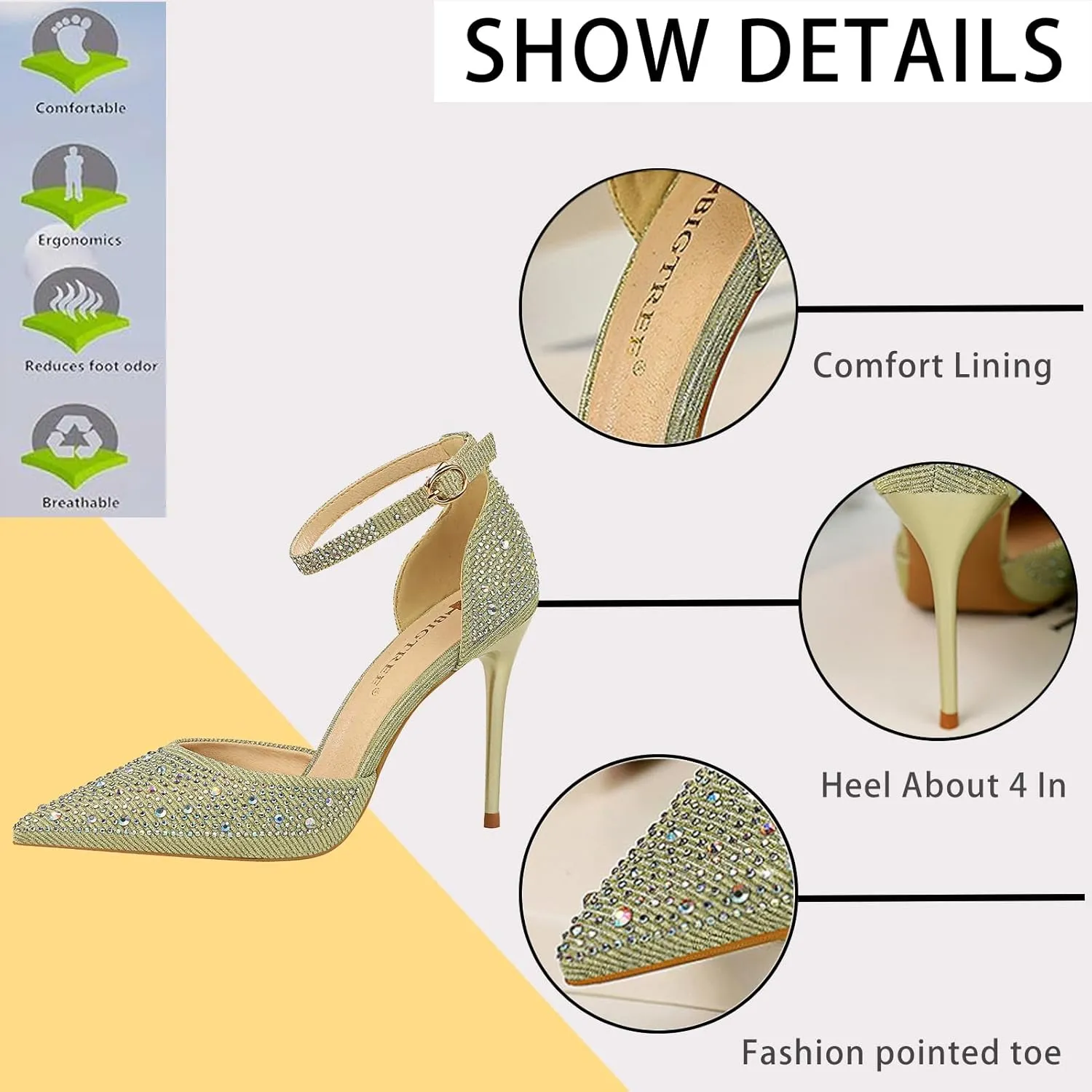 Women's Pointed Toe Stiletto High Heel Pumps Sparkling Rhinestones Ankle Strap Wedding Bridal Evening Party Dress Shoes Heel About 4"