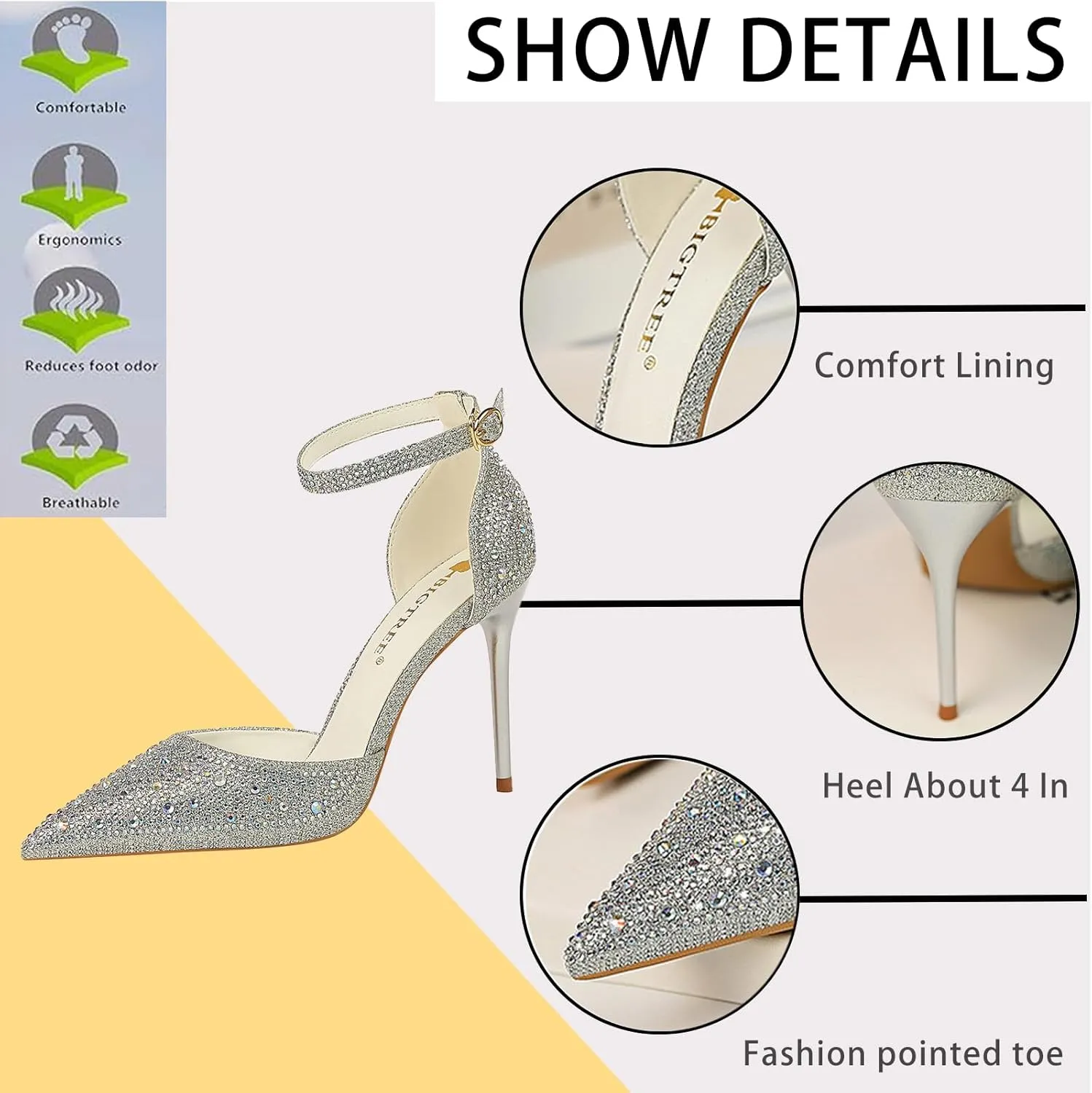 Women's Pointed Toe Stiletto High Heel Pumps Sparkling Rhinestones Ankle Strap Wedding Bridal Evening Party Dress Shoes Heel About 4"