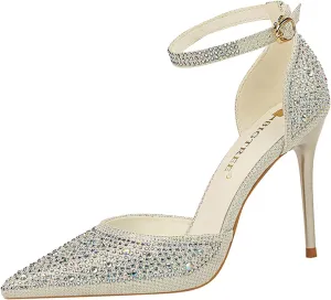 Women's Pointed Toe Stiletto High Heel Pumps Sparkling Rhinestones Ankle Strap Wedding Bridal Evening Party Dress Shoes Heel About 4"