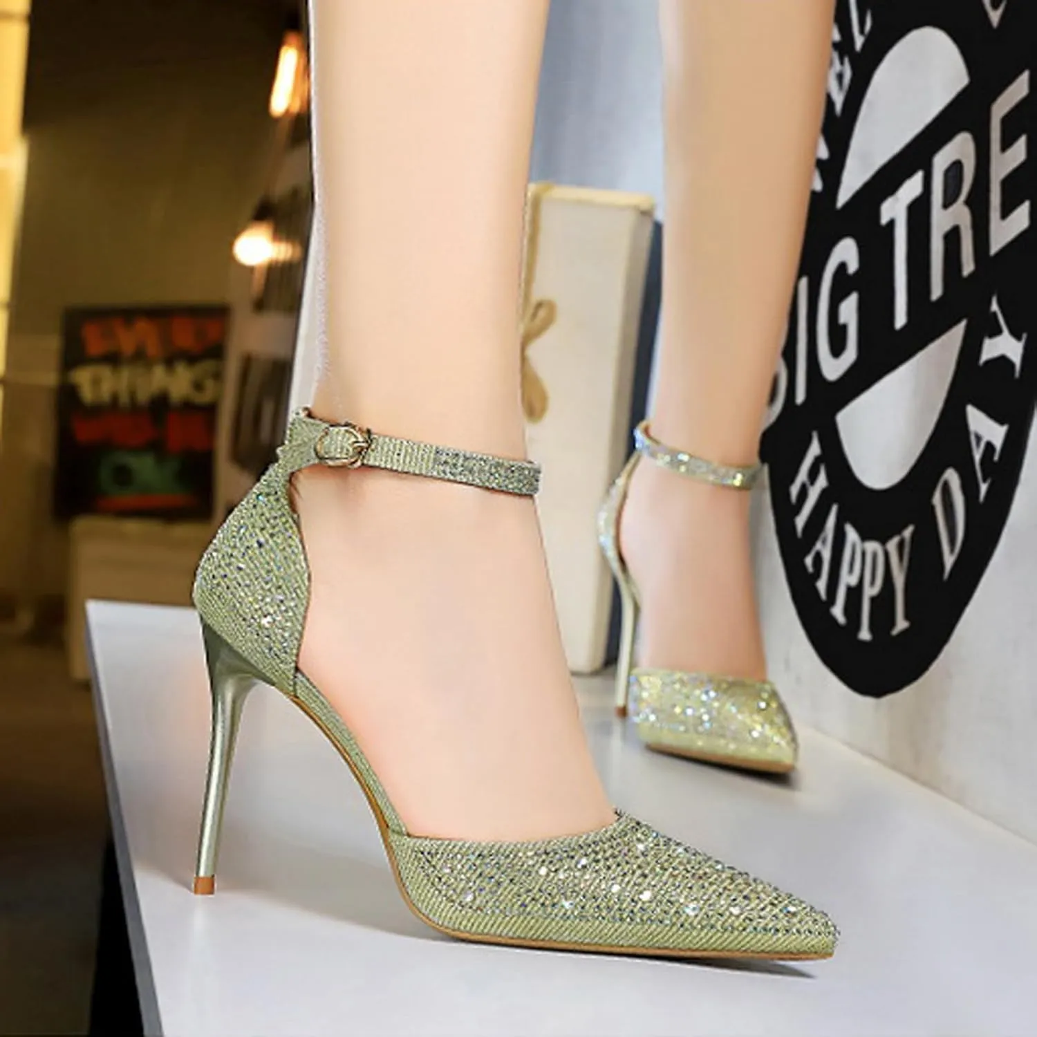 Women's Pointed Toe Stiletto High Heel Pumps Sparkling Rhinestones Ankle Strap Wedding Bridal Evening Party Dress Shoes Heel About 4"