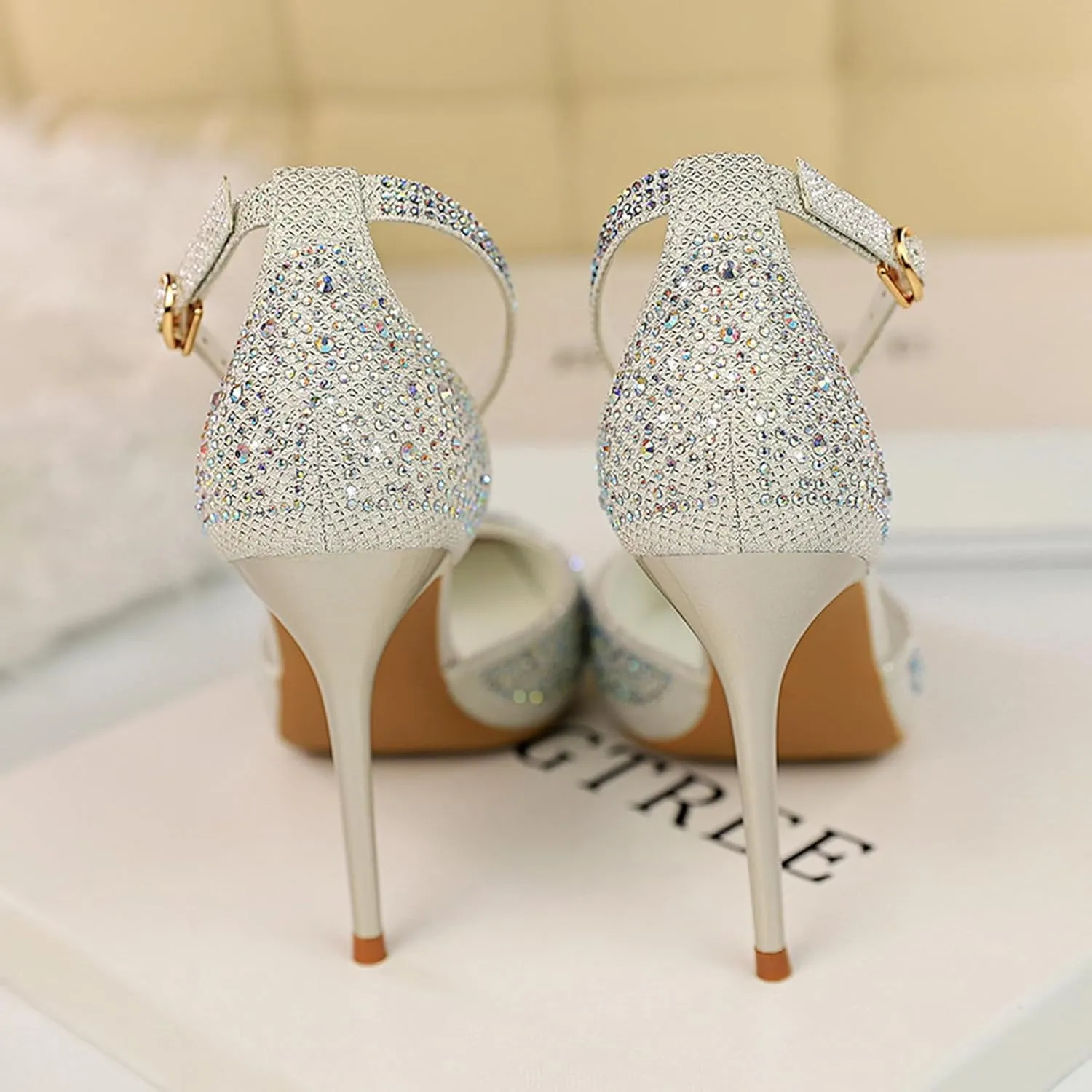 Women's Pointed Toe Stiletto High Heel Pumps Sparkling Rhinestones Ankle Strap Wedding Bridal Evening Party Dress Shoes Heel About 4"