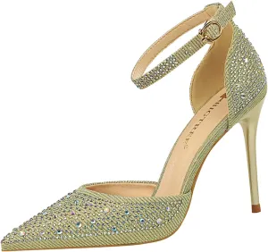 Women's Pointed Toe Stiletto High Heel Pumps Sparkling Rhinestones Ankle Strap Wedding Bridal Evening Party Dress Shoes Heel About 4"
