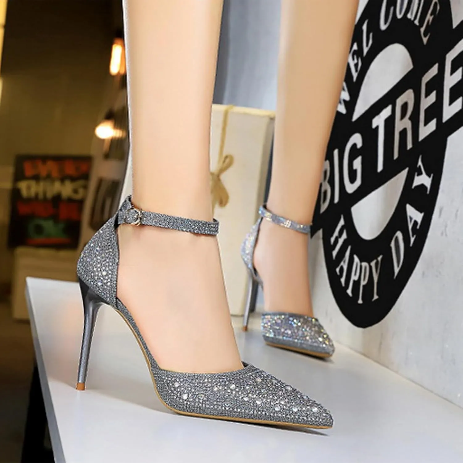Women's Pointed Toe Stiletto High Heel Pumps Sparkling Rhinestones Ankle Strap Wedding Bridal Evening Party Dress Shoes Heel About 4"