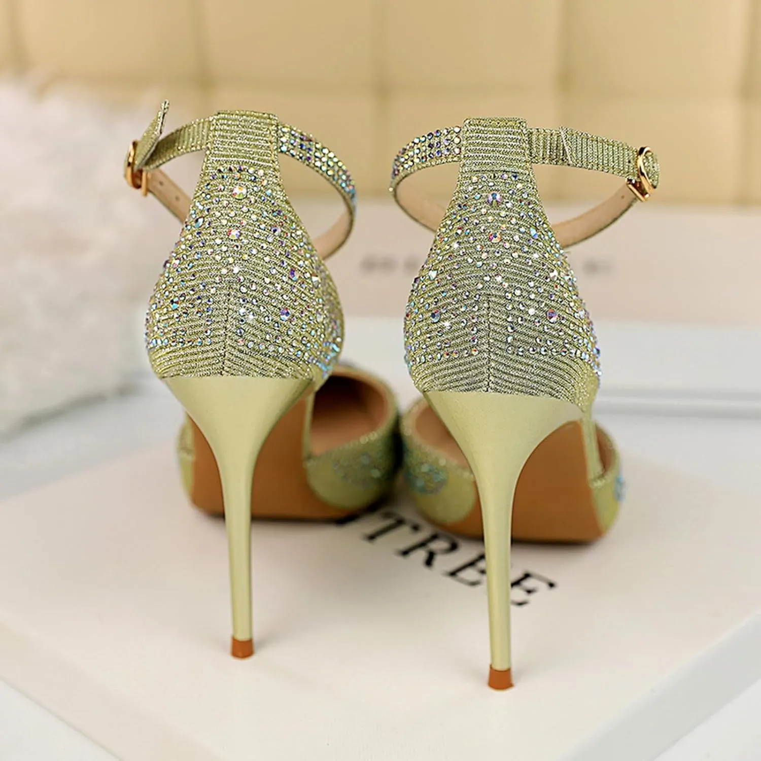Women's Pointed Toe Stiletto High Heel Pumps Sparkling Rhinestones Ankle Strap Wedding Bridal Evening Party Dress Shoes Heel About 4"