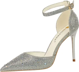 Women's Pointed Toe Stiletto High Heel Pumps Sparkling Rhinestones Ankle Strap Wedding Bridal Evening Party Dress Shoes Heel About 4"
