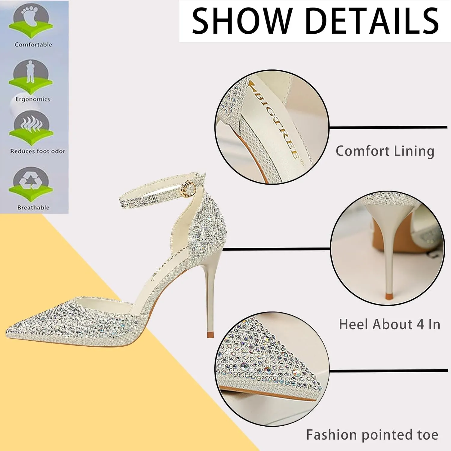 Women's Pointed Toe Stiletto High Heel Pumps Sparkling Rhinestones Ankle Strap Wedding Bridal Evening Party Dress Shoes Heel About 4"