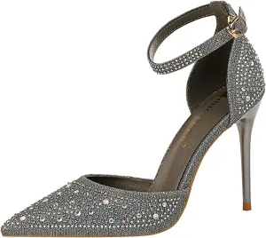Women's Pointed Toe Stiletto High Heel Pumps Sparkling Rhinestones Ankle Strap Wedding Bridal Evening Party Dress Shoes Heel About 4"