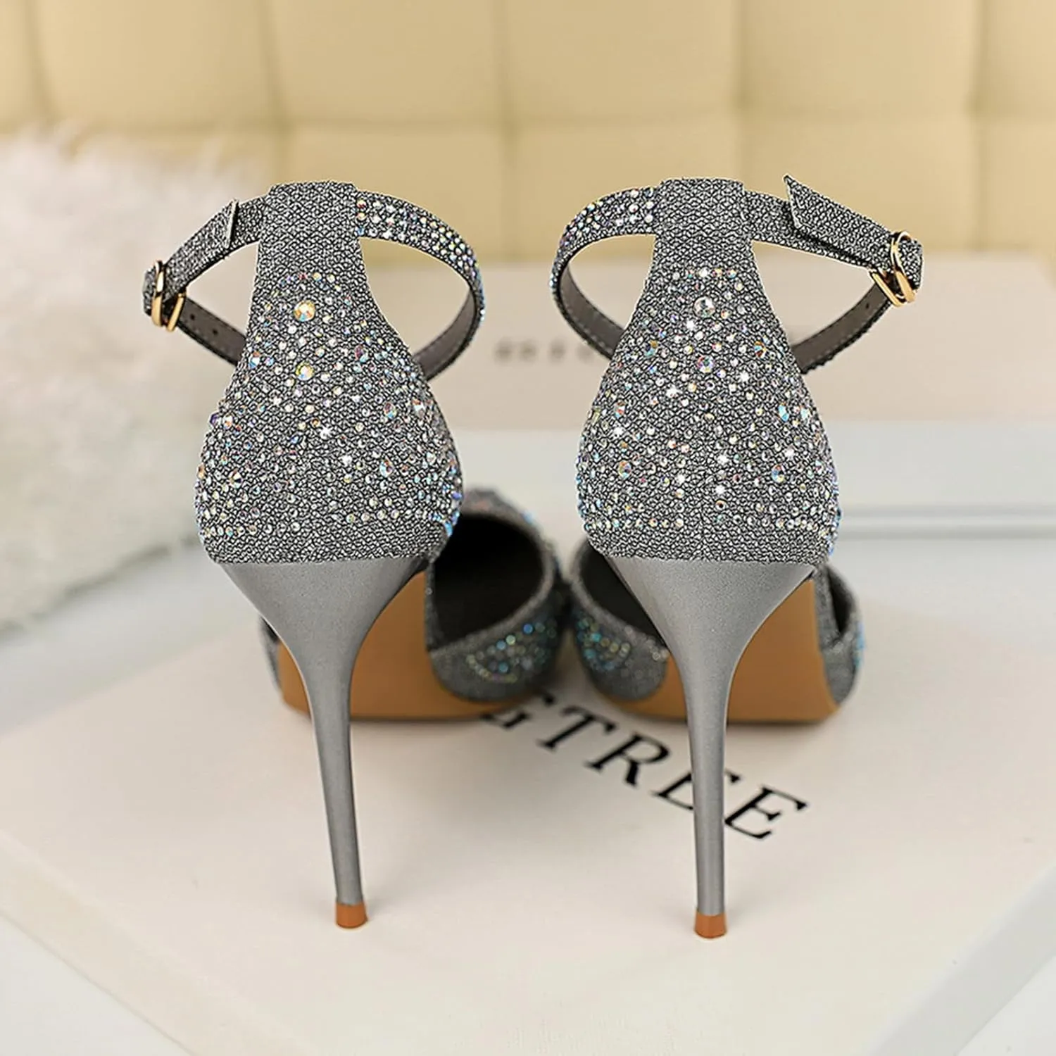 Women's Pointed Toe Stiletto High Heel Pumps Sparkling Rhinestones Ankle Strap Wedding Bridal Evening Party Dress Shoes Heel About 4"