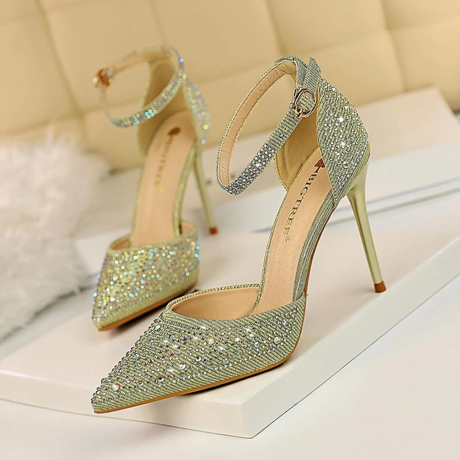 Women's Pointed Toe Stiletto High Heel Pumps Sparkling Rhinestones Ankle Strap Wedding Bridal Evening Party Dress Shoes Heel About 4"