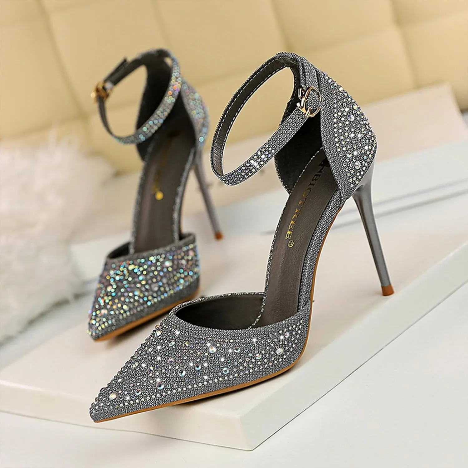 Women's Pointed Toe Stiletto High Heel Pumps Sparkling Rhinestones Ankle Strap Wedding Bridal Evening Party Dress Shoes Heel About 4"
