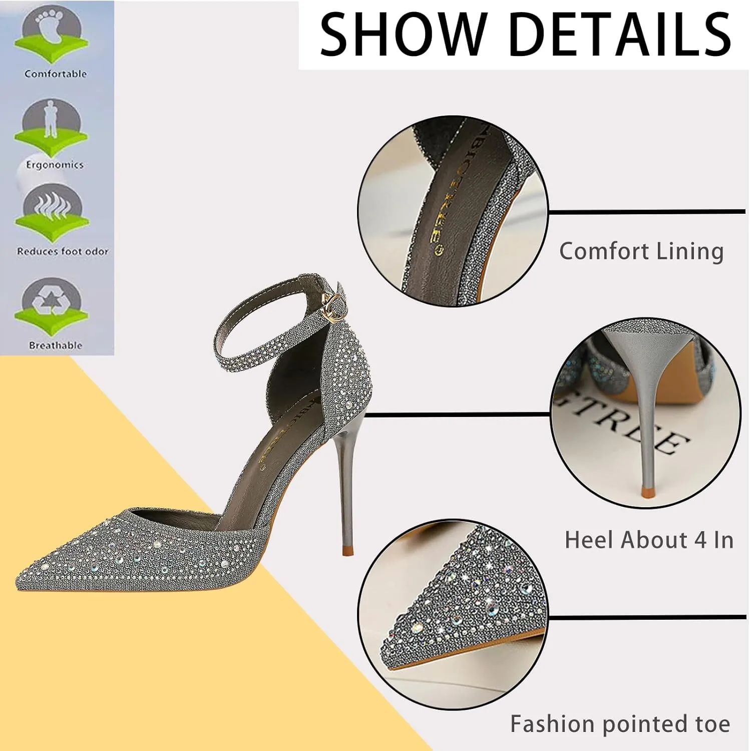 Women's Pointed Toe Stiletto High Heel Pumps Sparkling Rhinestones Ankle Strap Wedding Bridal Evening Party Dress Shoes Heel About 4"