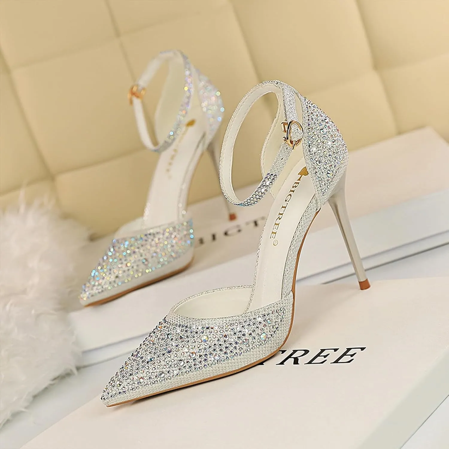 Women's Pointed Toe Stiletto High Heel Pumps Sparkling Rhinestones Ankle Strap Wedding Bridal Evening Party Dress Shoes Heel About 4"