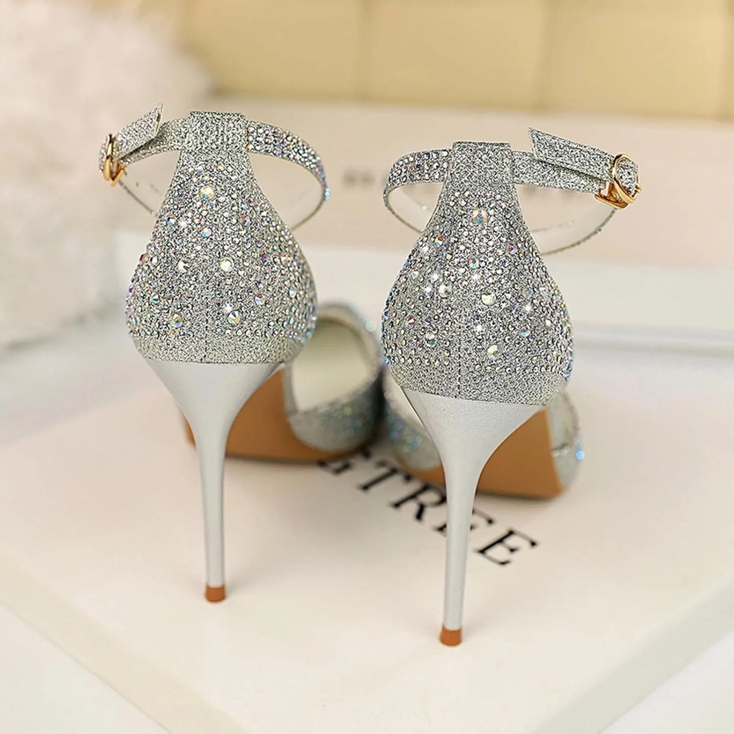 Women's Pointed Toe Stiletto High Heel Pumps Sparkling Rhinestones Ankle Strap Wedding Bridal Evening Party Dress Shoes Heel About 4"
